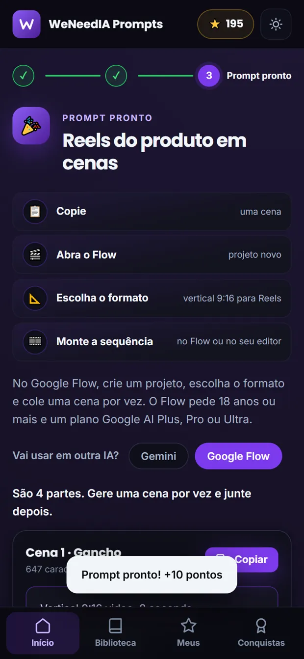 Prompts de Reels em cenas no Gerador, pelo celular